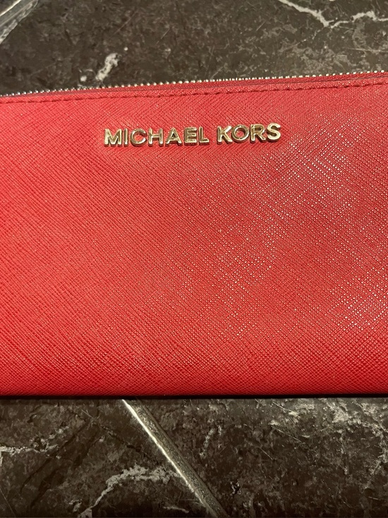 Michael Kors Accessories - MICHAEL KORS Red Saffiano Zip Wallet with Gold Logo